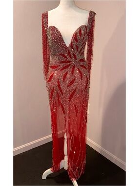 Jovani Red Beaded Fringe Maxi Gown
